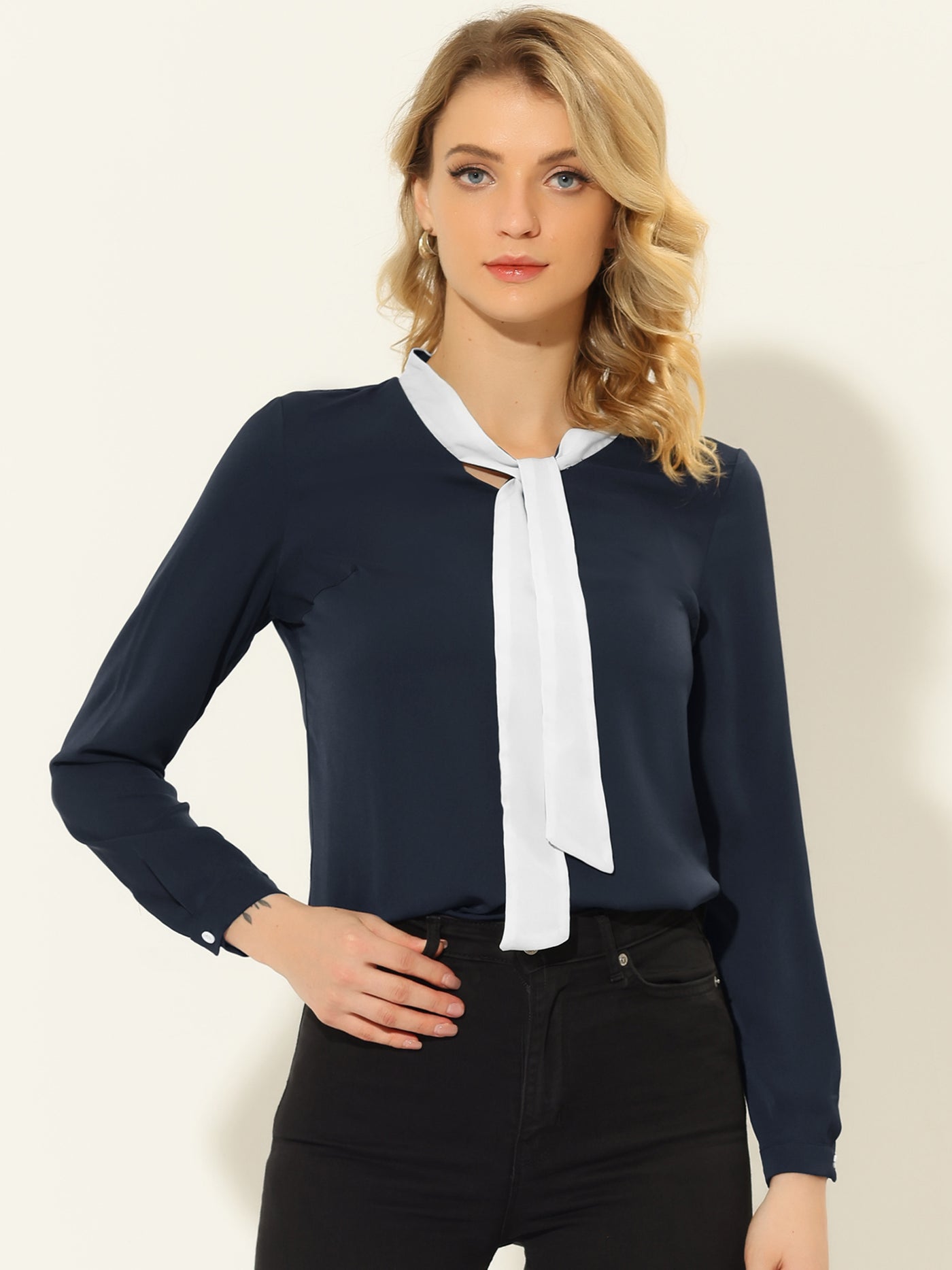 Allegra K Contrast Color Bow Tie Neck Long Sleeve Elegant Office Blouse