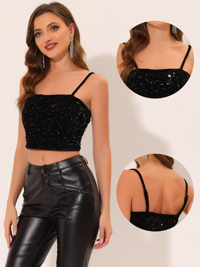 Sequined Cami Velvet Spaghetti Strap Club Party Crop Tank Top