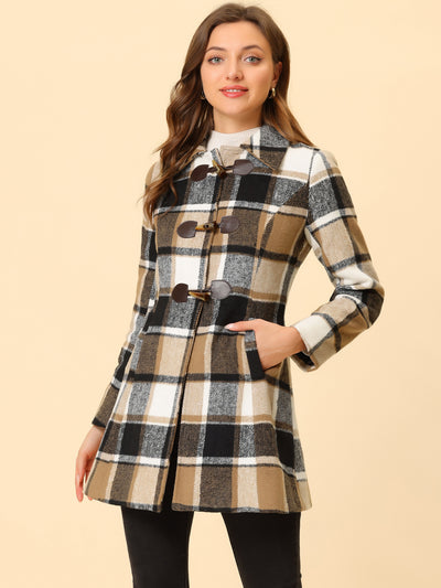 Toggle Outerwear Turn Down Collar Winter Plaid Duffle Coat