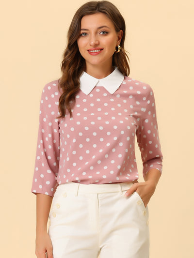 Allegra K Polka Dots Contrast Peter Pan Collar Top 3/4 Sleeve Blouse Shirt