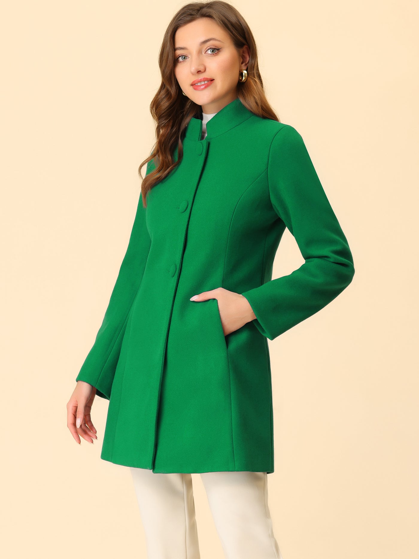 Allegra K Mid-thigh Stand Collar Single Breasted Long Coat