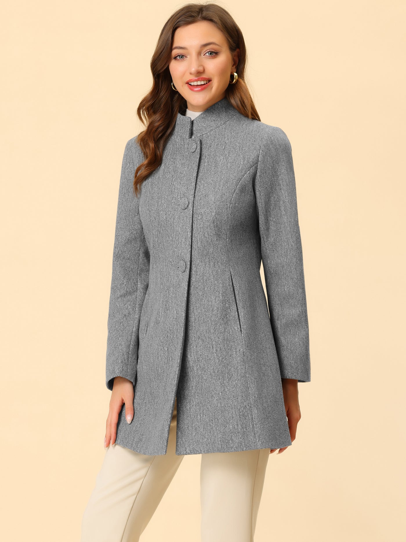 Allegra K Women's Mid-thigh Stand Collar Single Breasted Long Coat