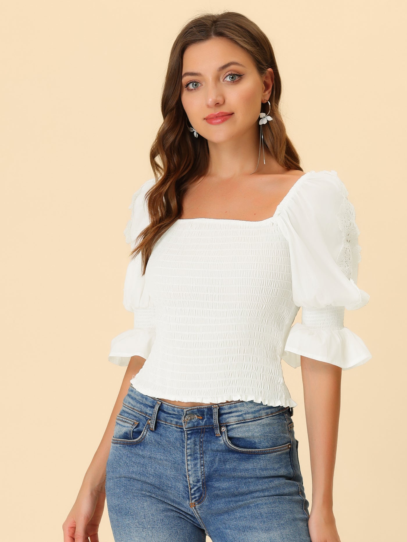 Allegra K Smocked Ruffle Square Neck Puff Sleeve Blouse Top