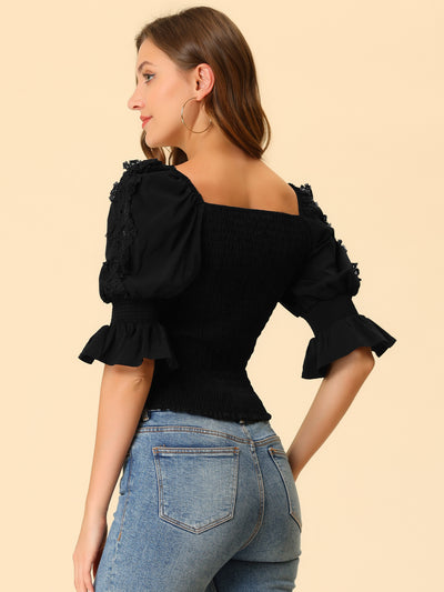 Smocked Ruffle Square Neck Puff Sleeve Blouse Top