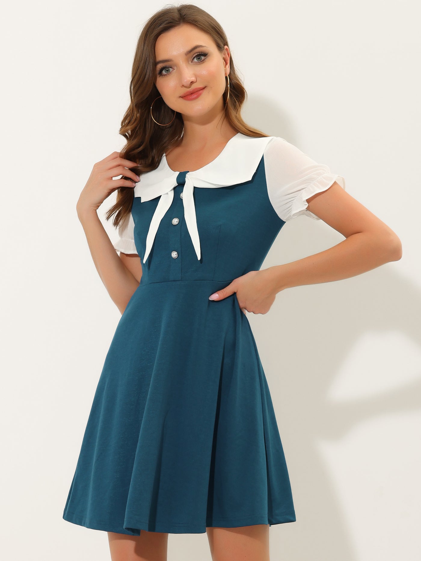 Allegra K 50s Lolita Contrast Color Peter Pan Collar Dress
