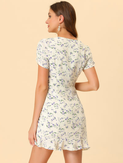 Ruched Front Square Neck Ruffle Hem Puff Short Sleeve Floral Dress
