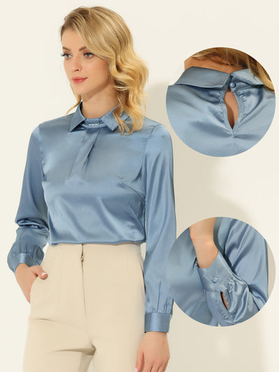 Satin Pearl Decor Collared Pleated Silky Office Work Blouse