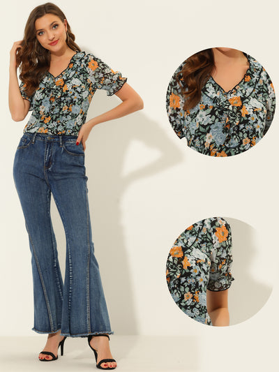 Floral Blouse for Ruffle V Neck Puff Short Sleeve Top