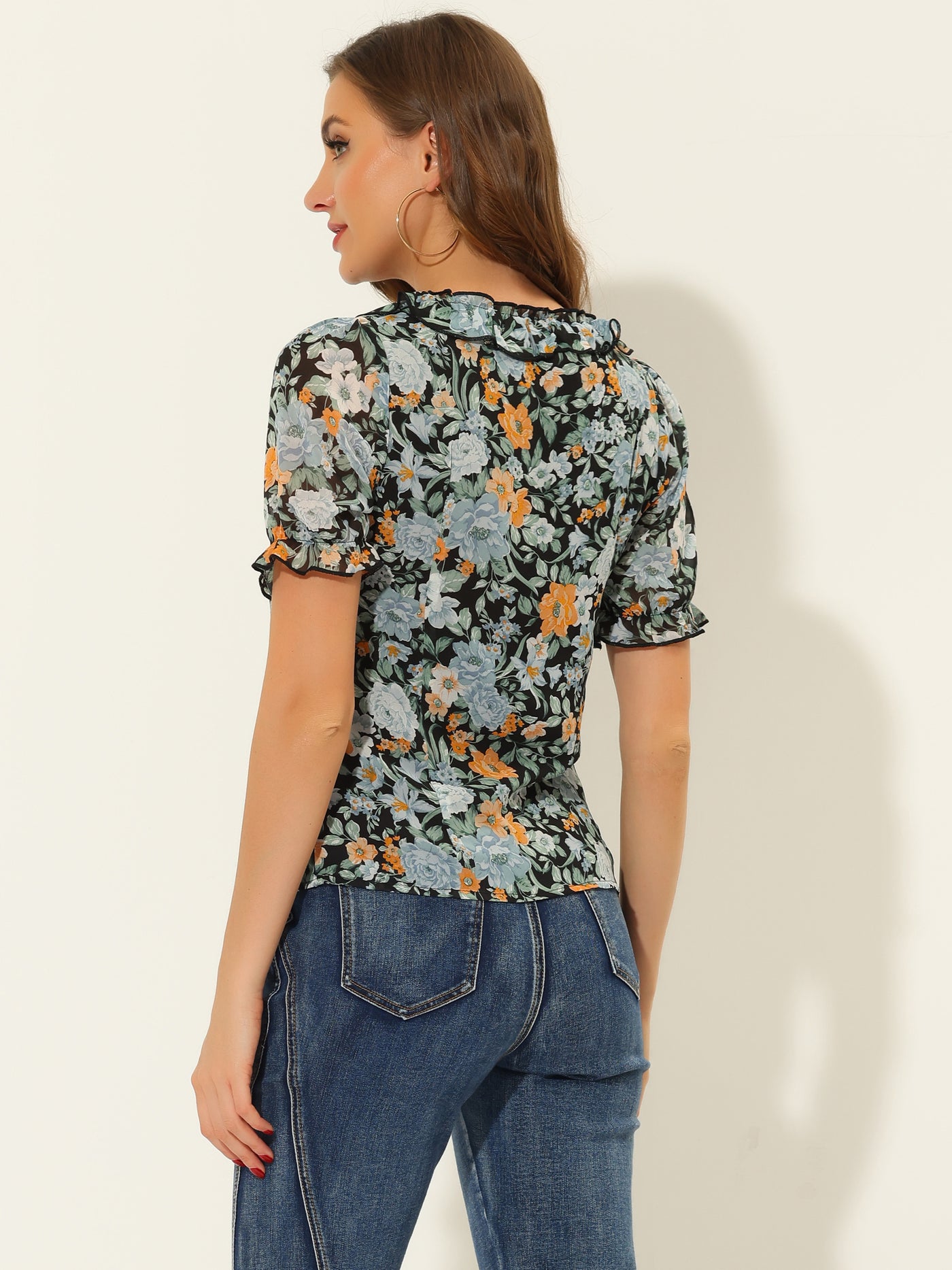Allegra K Floral Blouse for Ruffle V Neck Puff Short Sleeve Top