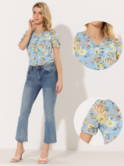 Floral Blouse for Ruffle V Neck Puff Short Sleeve Top