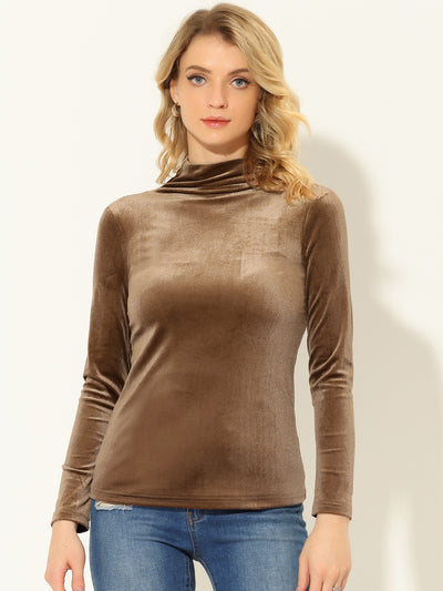 Turtleneck Velvet Top Long Sleeve Work Shirt Basic Velour Blouse