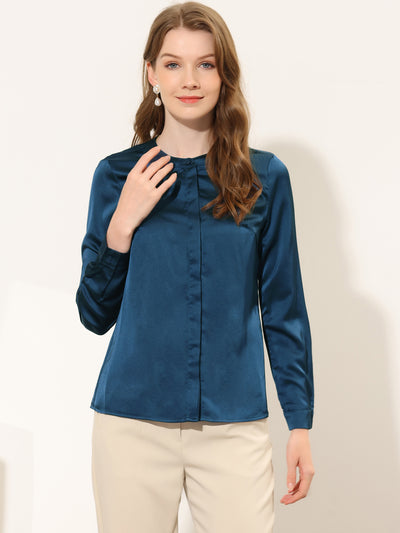 Allegra K Satin Round Neck Long Sleeve Solid Button Down Office Blouse