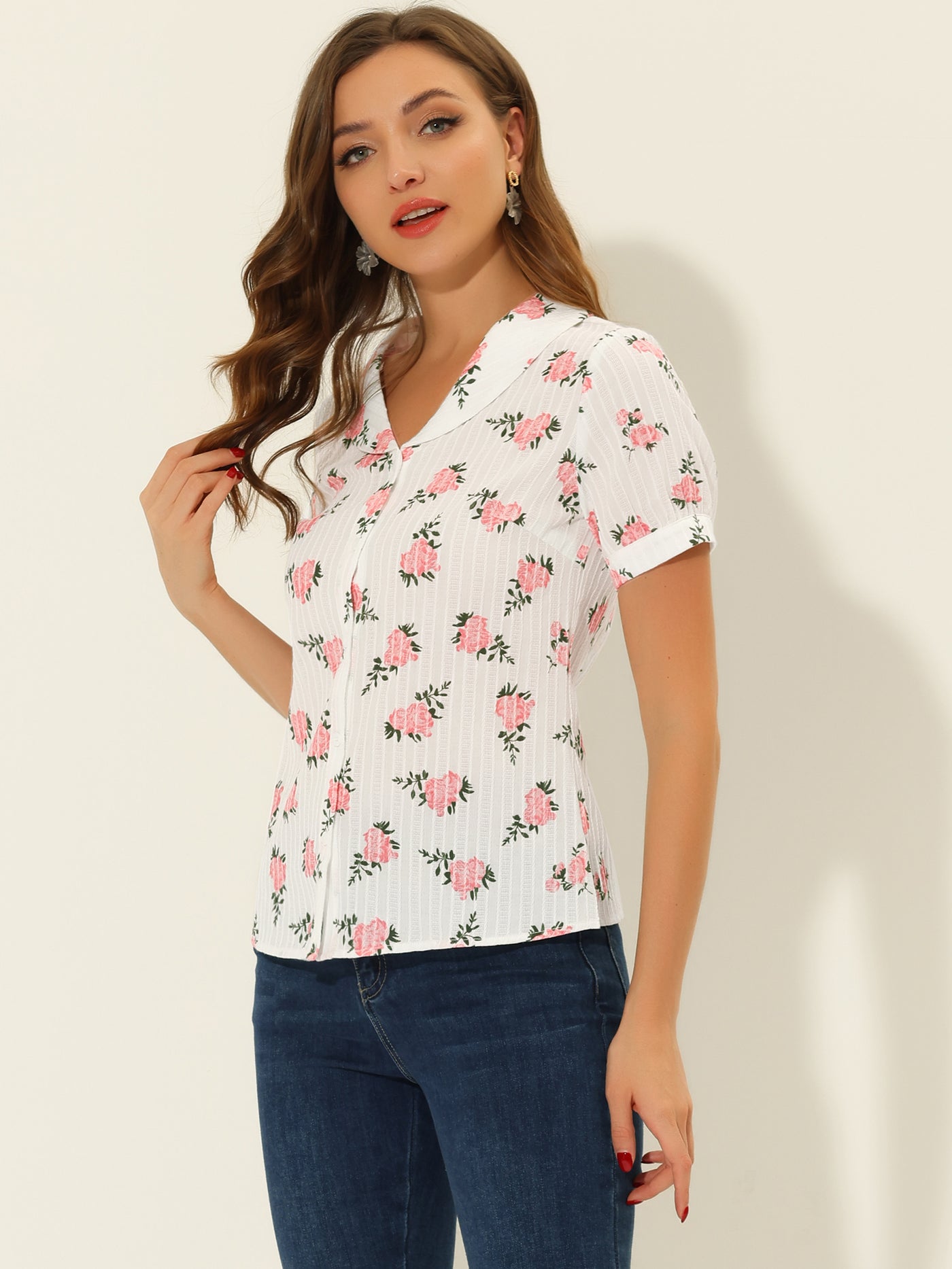 Allegra K Peter Pan Collar Summer Tops Button Front Elegant Floral Shirt