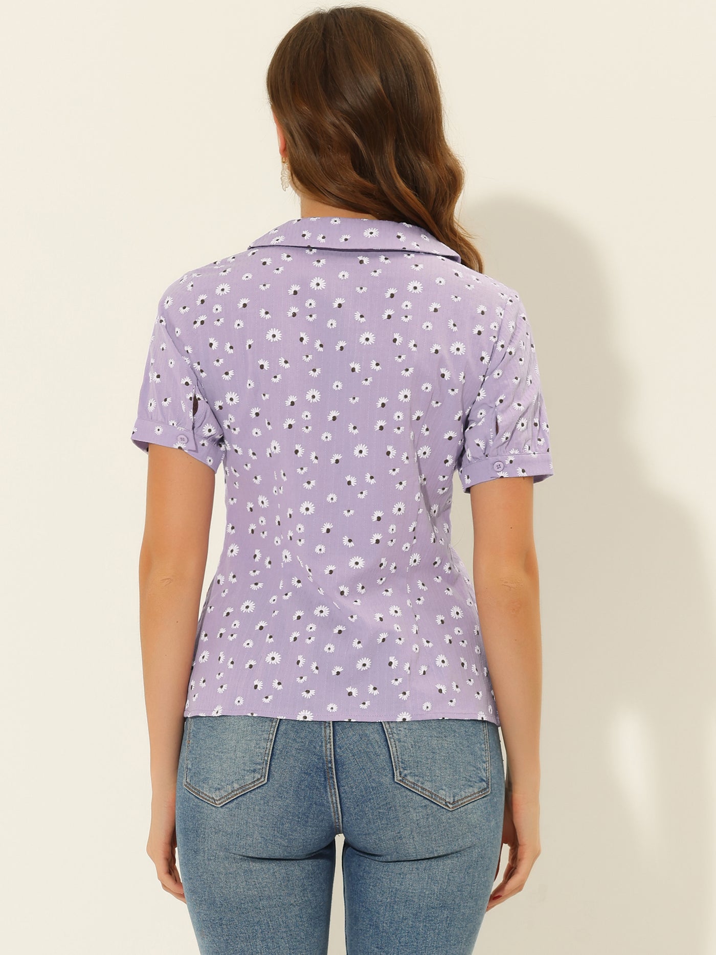 Allegra K Peter Pan Collar Summer Tops Button Front Elegant Floral Shirt