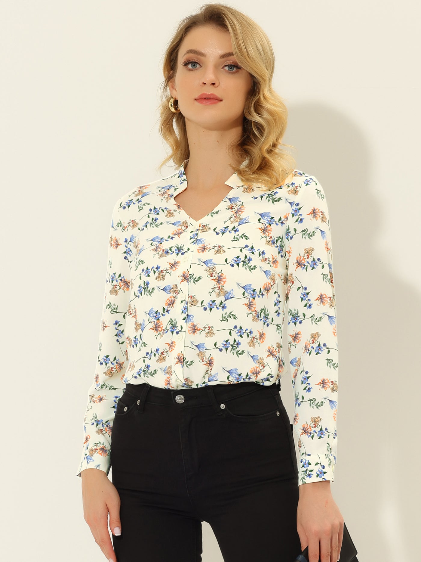 Allegra K Work Office Button Up Shirt Cut-Out V Neck Floral Blouse