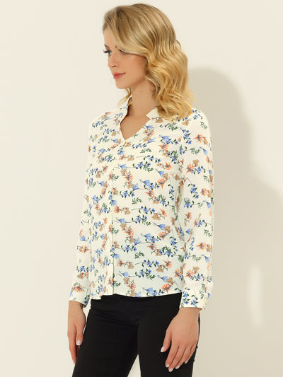 Work Office Button Up Shirt Cut-Out V Neck Floral Blouse