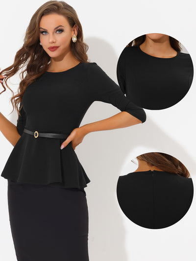 Peplum Top for 3/4 Sleeve Belted Elegant Business Work Blouse