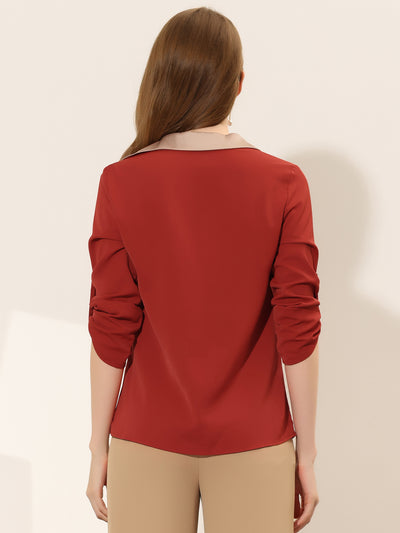 Contrast V Neck Collared Roll Up Long Sleeve Chiffon Blouse