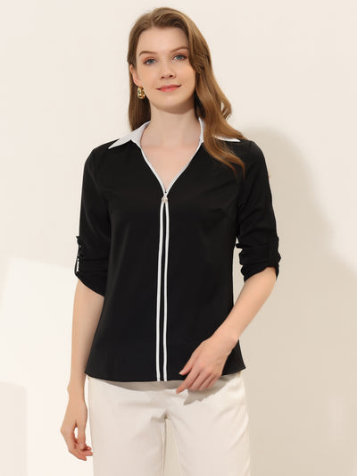 Contrast V Neck Collared Roll Up Long Sleeve Chiffon Blouse
