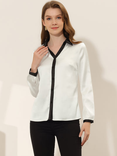 Allegra K Button Up Shirt for Contrast Collared Long Sleeve Satin Work Top