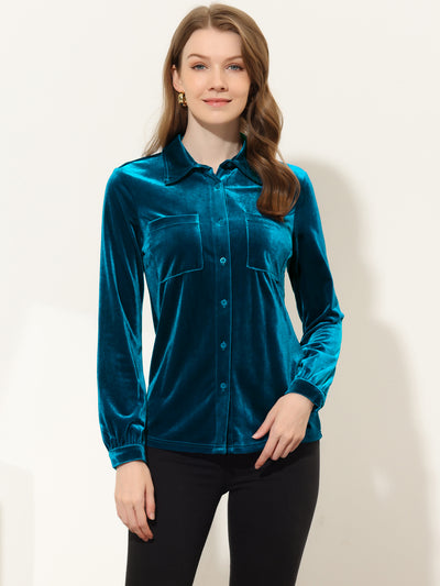 Pocket Front Velvet Blouse Long Sleeve Casual Button Down Shirt