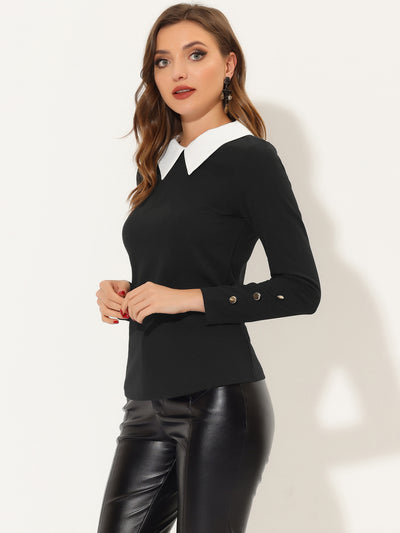 Peter Pan Collar Knit Contrast Neck Long Sleeve Party Blouse