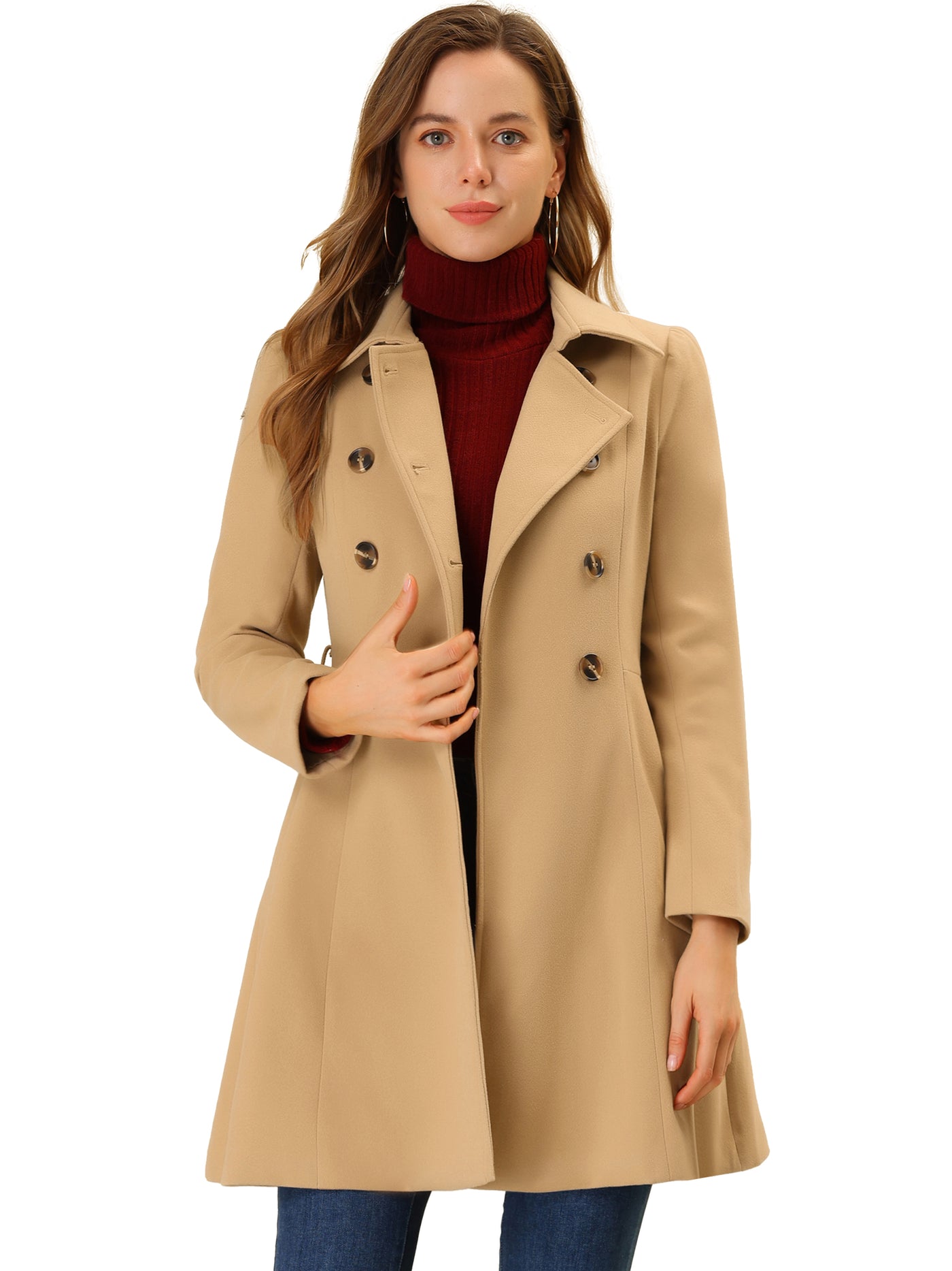 Allegra K Winter Overcoat Turn Down Collar Belted Double Breasted Long Coat
