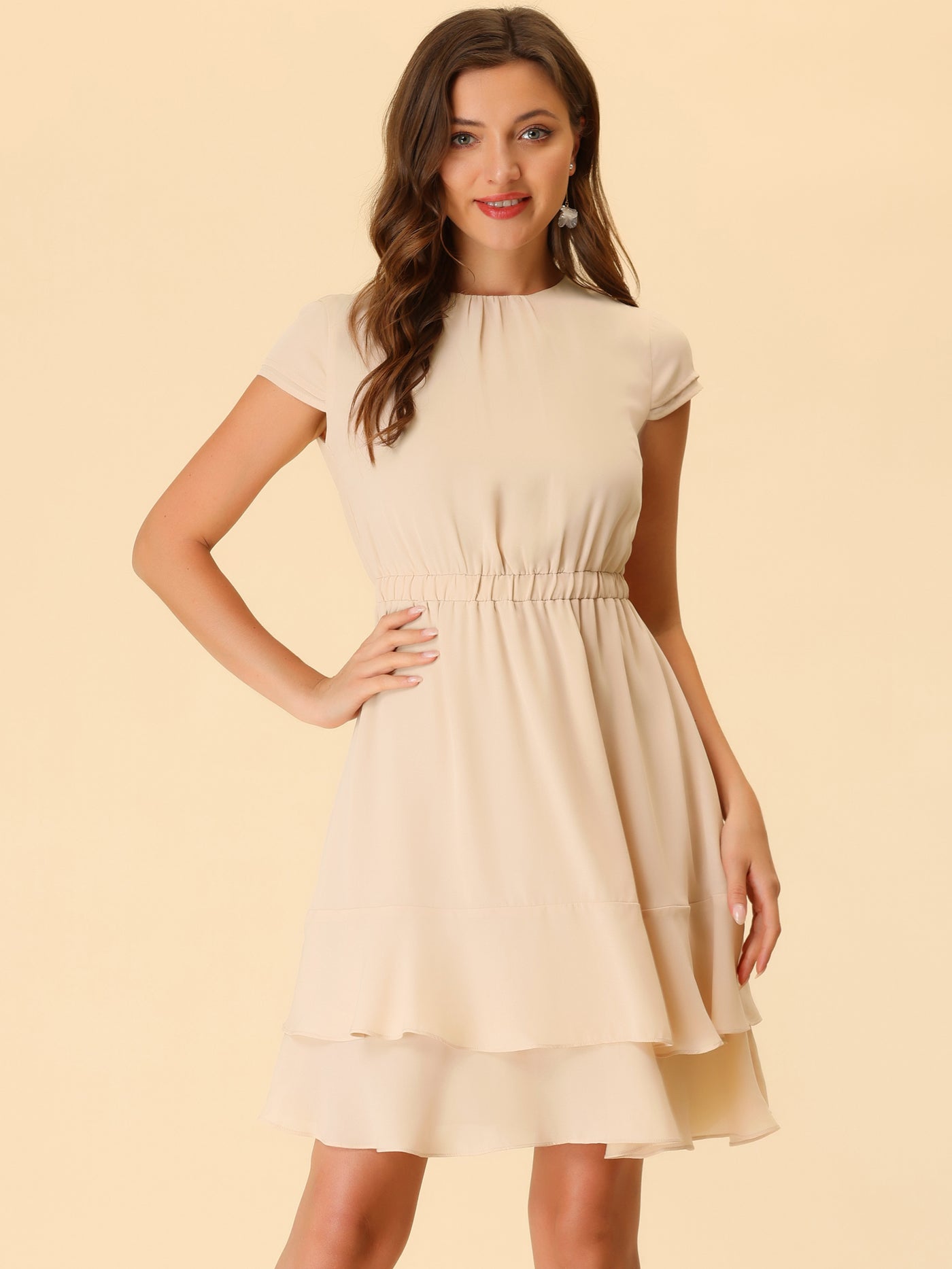 Allegra K Elegant Chiffon A-Line Cap Sleeve Elastic Waist Layered Ruffle Dress