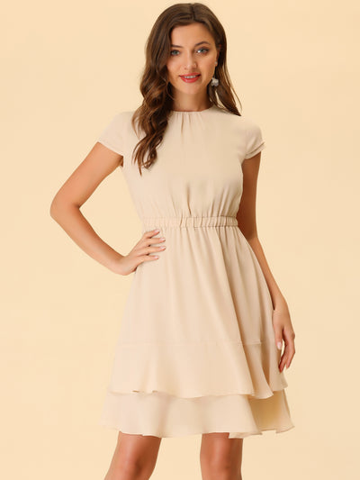 Elegant Chiffon A-Line Cap Sleeve Elastic Waist Layered Ruffle Dress