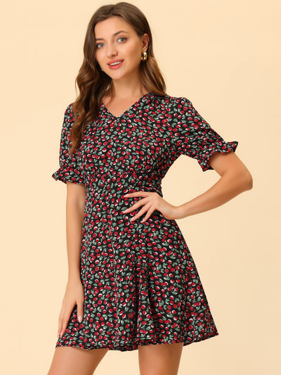 Allegra K Cherry Printed V Neck Ruffle Collar Floral Short Sleeve A-Line Dress