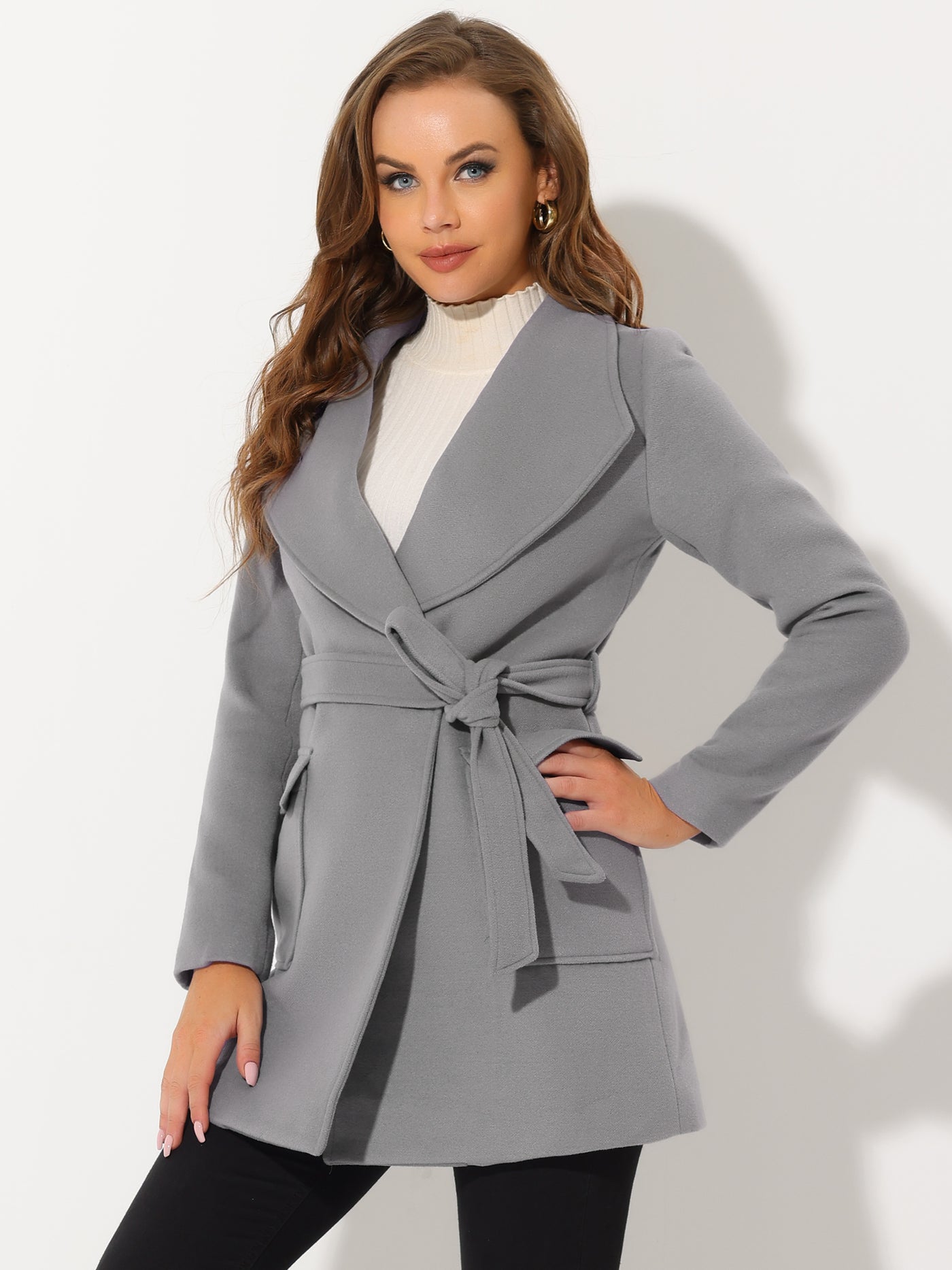 Allegra K Shawl Collar Lapel Double Breasted Winter Belted Coat with Pockets