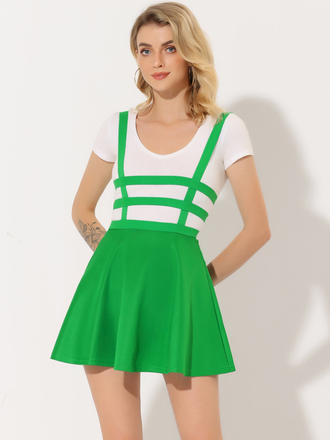 Allegra K Pleated Overall A-Line Elastic Waist Suspender Skirt