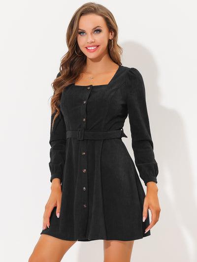 Fall Winter Square Neck Long Sleeve Button Down Corduroy Dress