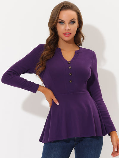 V Neck Elegant Solid Long Sleeve Stretchy Blouse Button Peplum Tops