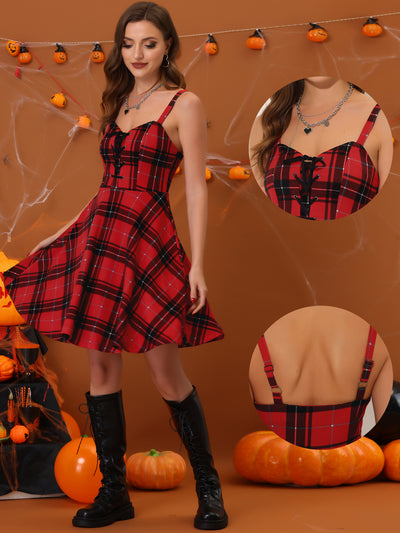 Plaid Gothic Vintage Lace-Up Sleeveless A-Line Dress