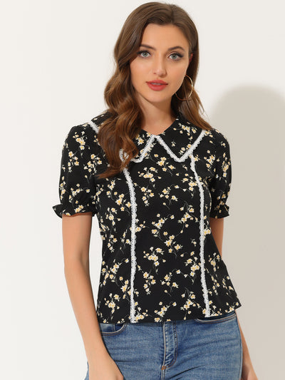 Floral Peter Pan Collar Lace Trim Ruffle Sleeve Blouse