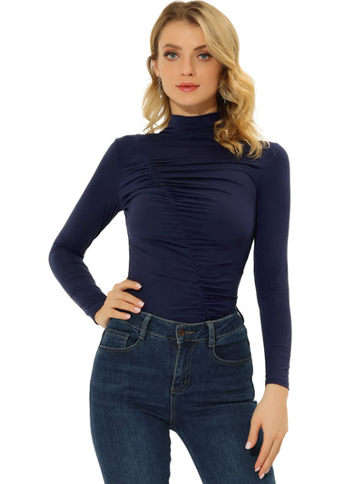 High Neck Knit Slim Fit Long Sleeve Ruched Top