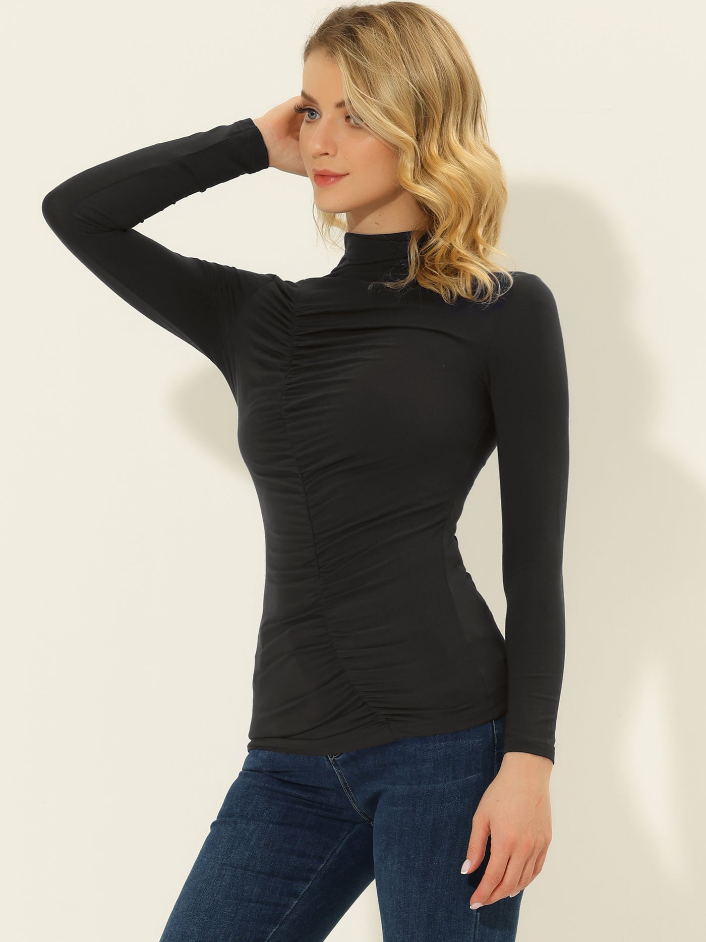 Allegra K High Neck Knit Slim Fit Long Sleeve Ruched Top