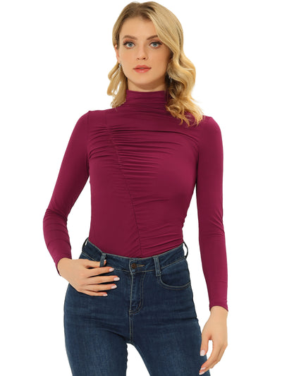 High Neck Knit Slim Fit Long Sleeve Ruched Top