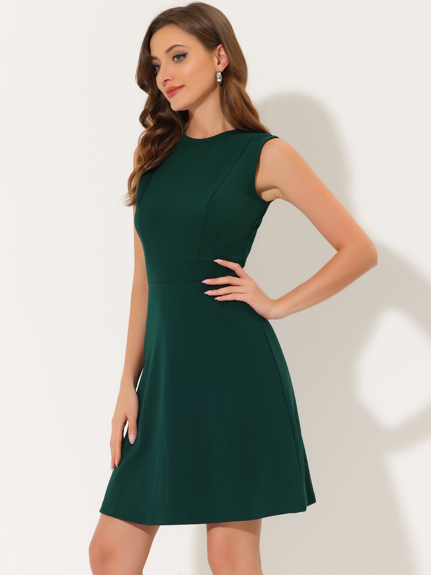 Allegra K Work Round Neck Solid Color Sleeveless Fit and Flare Dress