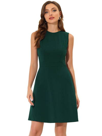Work Round Neck Solid Color Sleeveless Fit and Flare Dress
