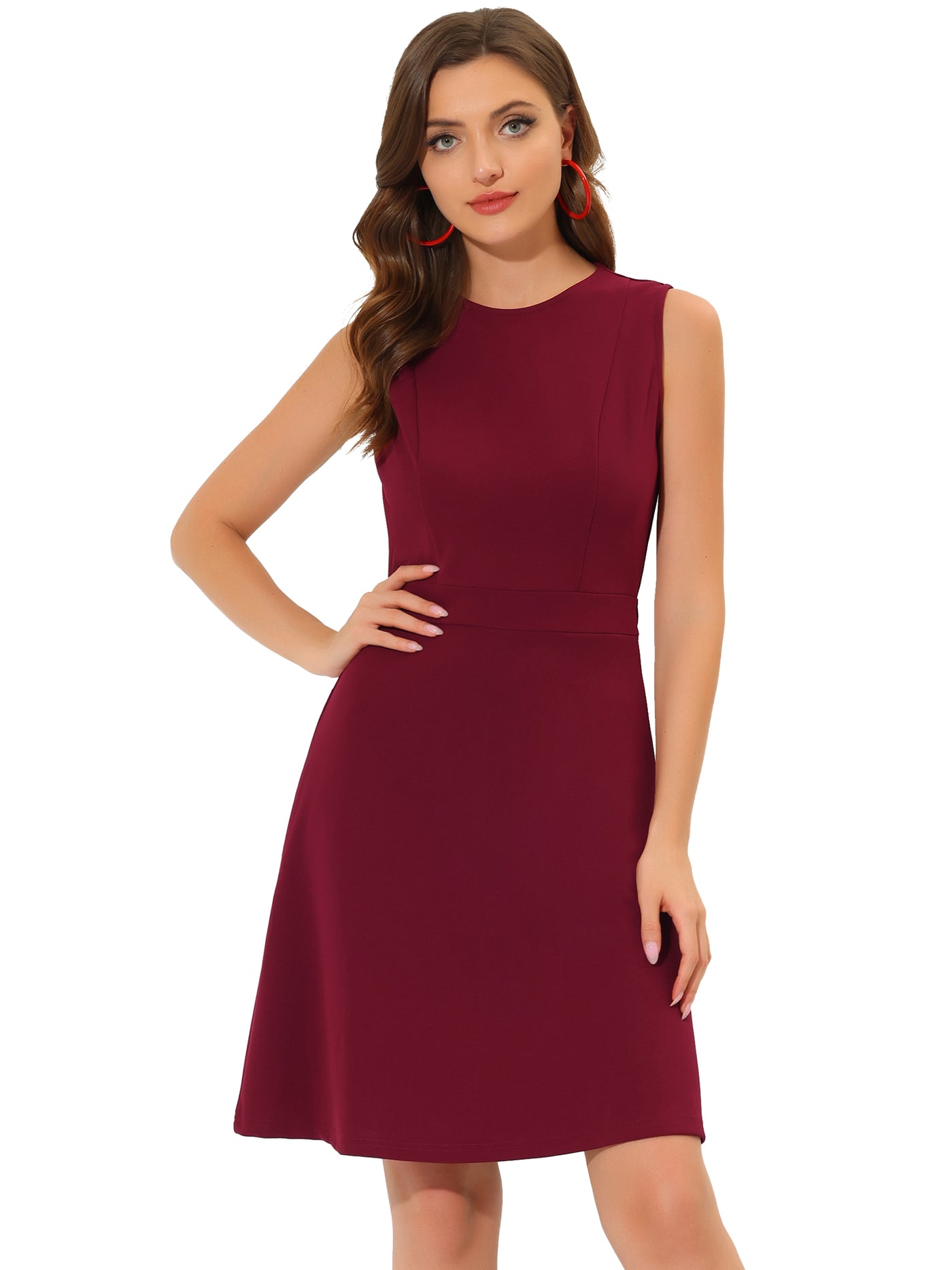 Allegra K Work Round Neck Solid Color Sleeveless Fit and Flare Dress