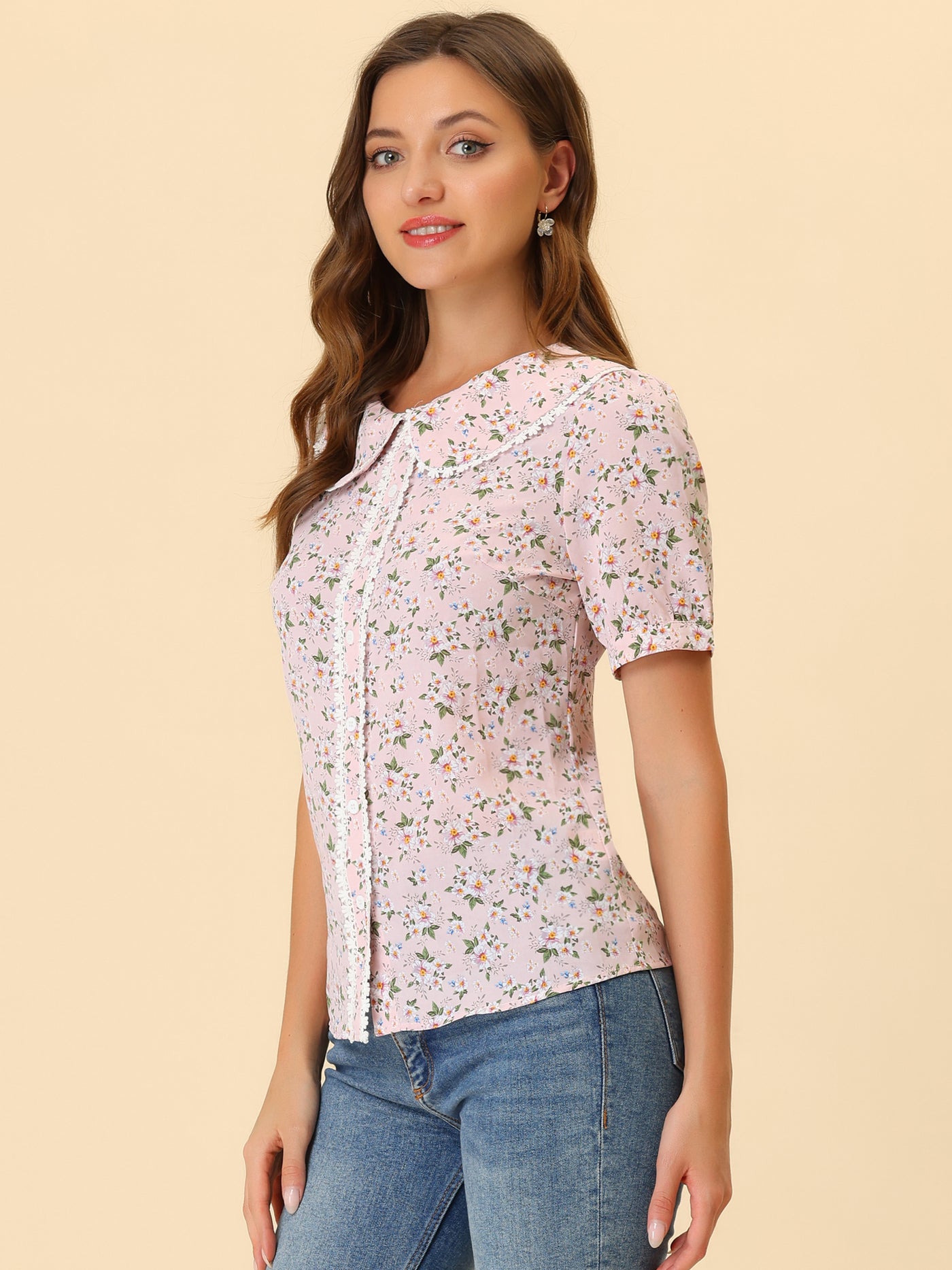 Allegra K Floral Blouse for Peter Pan Collar Lace Trim Button Down Shirt