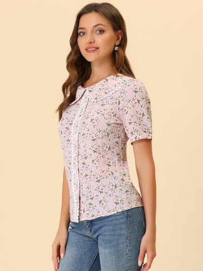 Floral Blouse for Peter Pan Collar Lace Trim Button Down Shirt