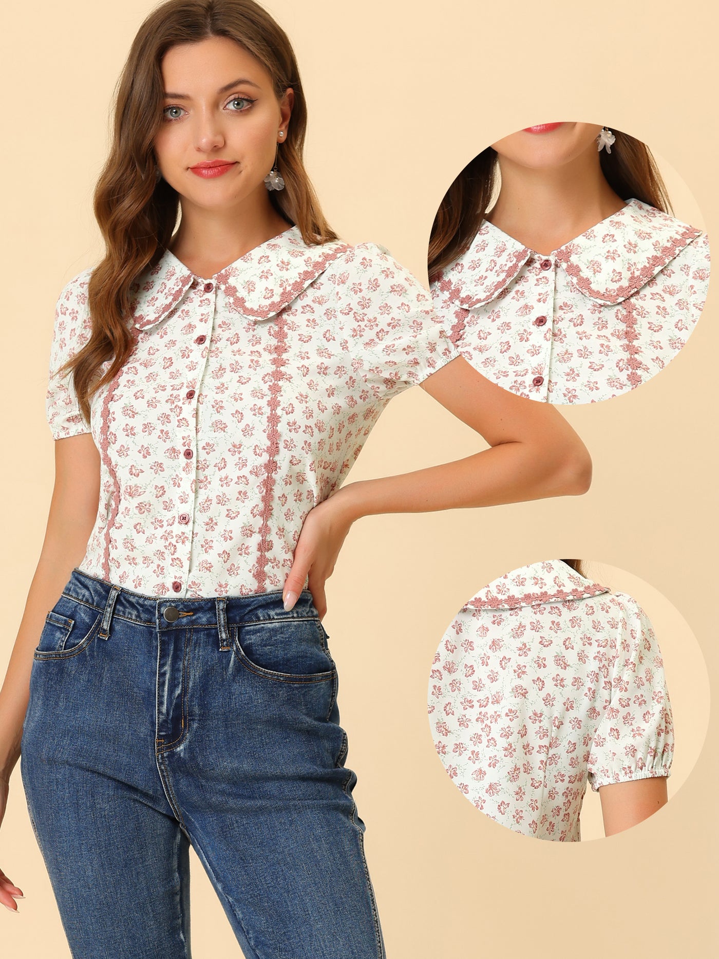 Allegra K Button Down Tops for 1950s Peter Pan Collar Floral Blouse