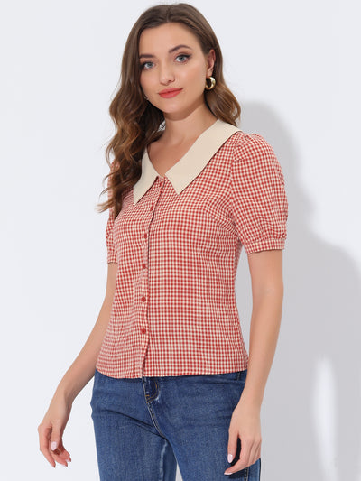 Plaid Puff Sleeve Blouse Contrast Collar Button Down Shirt Tops