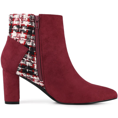 Tweed Plaid Bow Decor Side Zipper Block Heel Ankle Boots