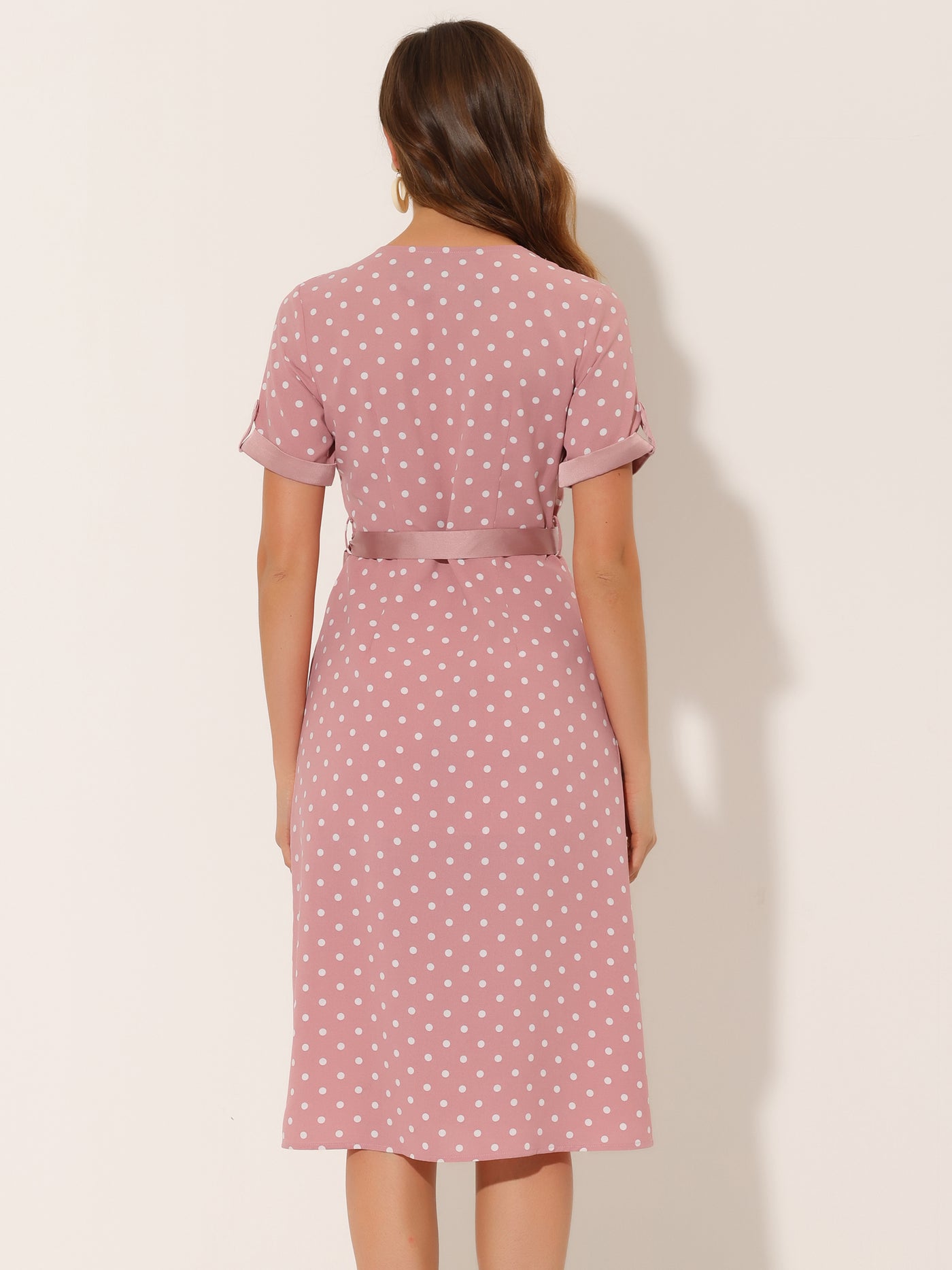 Allegra K Polka Dots V Neck Split Button Decor Belted Summer Dress