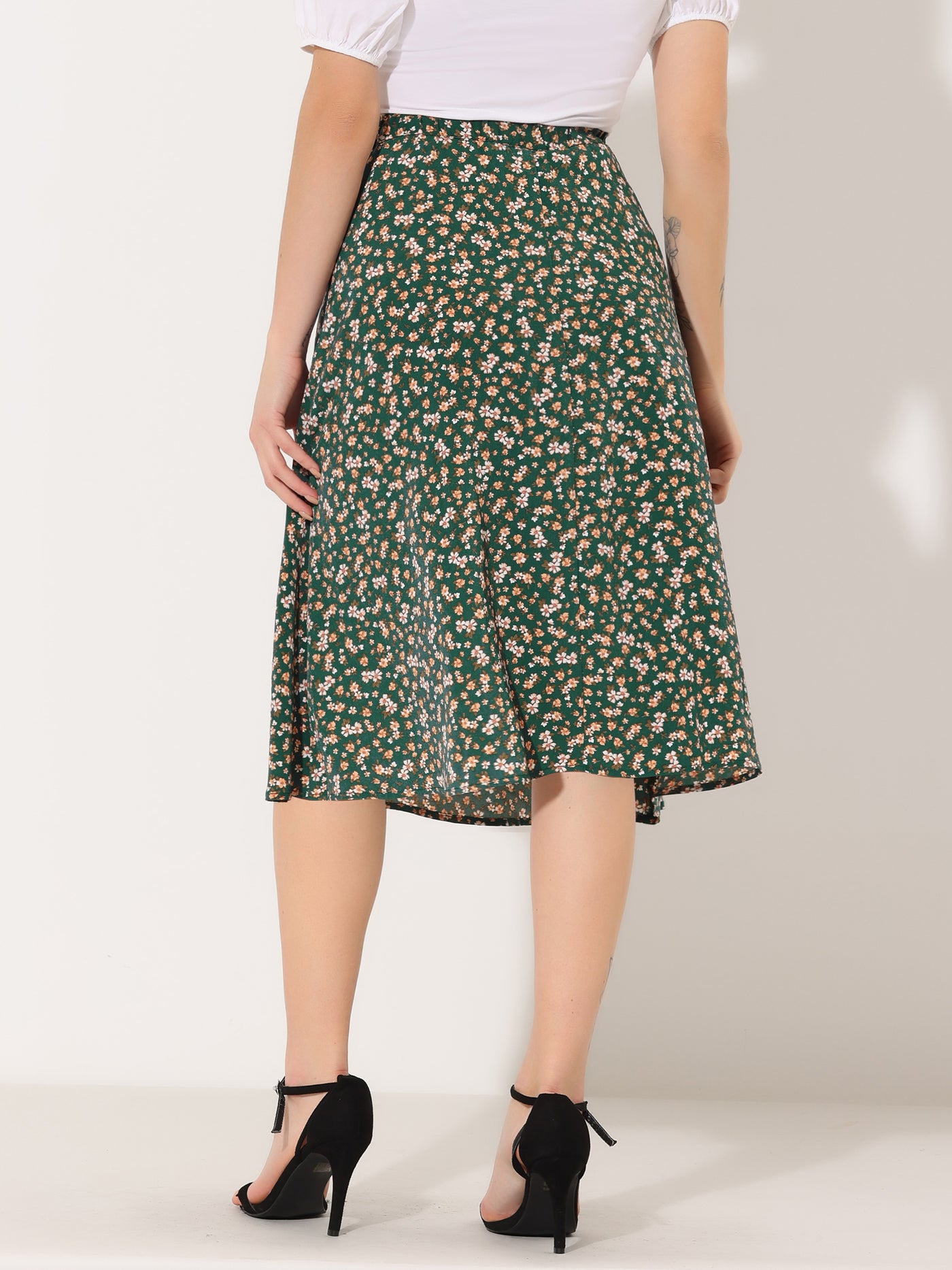 Allegra K A-Line Floral Print Pocketed Chiffon Vintage Midi Skirt