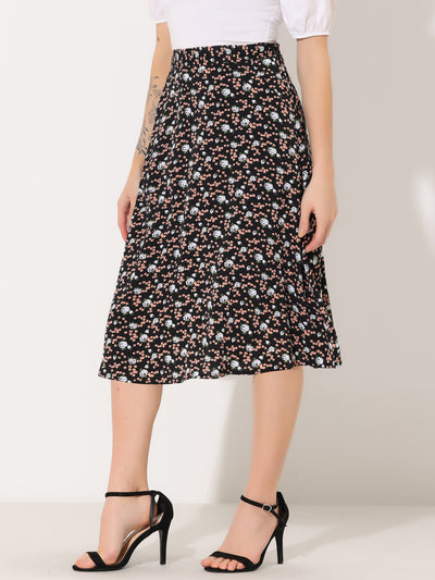 A-Line Floral Print Pocketed Chiffon Vintage Midi Skirt